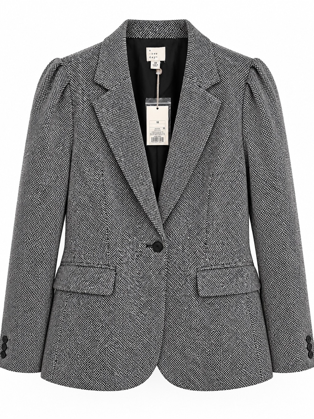 A New Day Size 18 Black White Tweed Puff Shoulder Blazer NWT